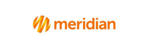 The image shows the Meridian logo with an orange and yellow circular icon featuring wavy lines, followed by the word meridian in lowercase orange letters on a white background.